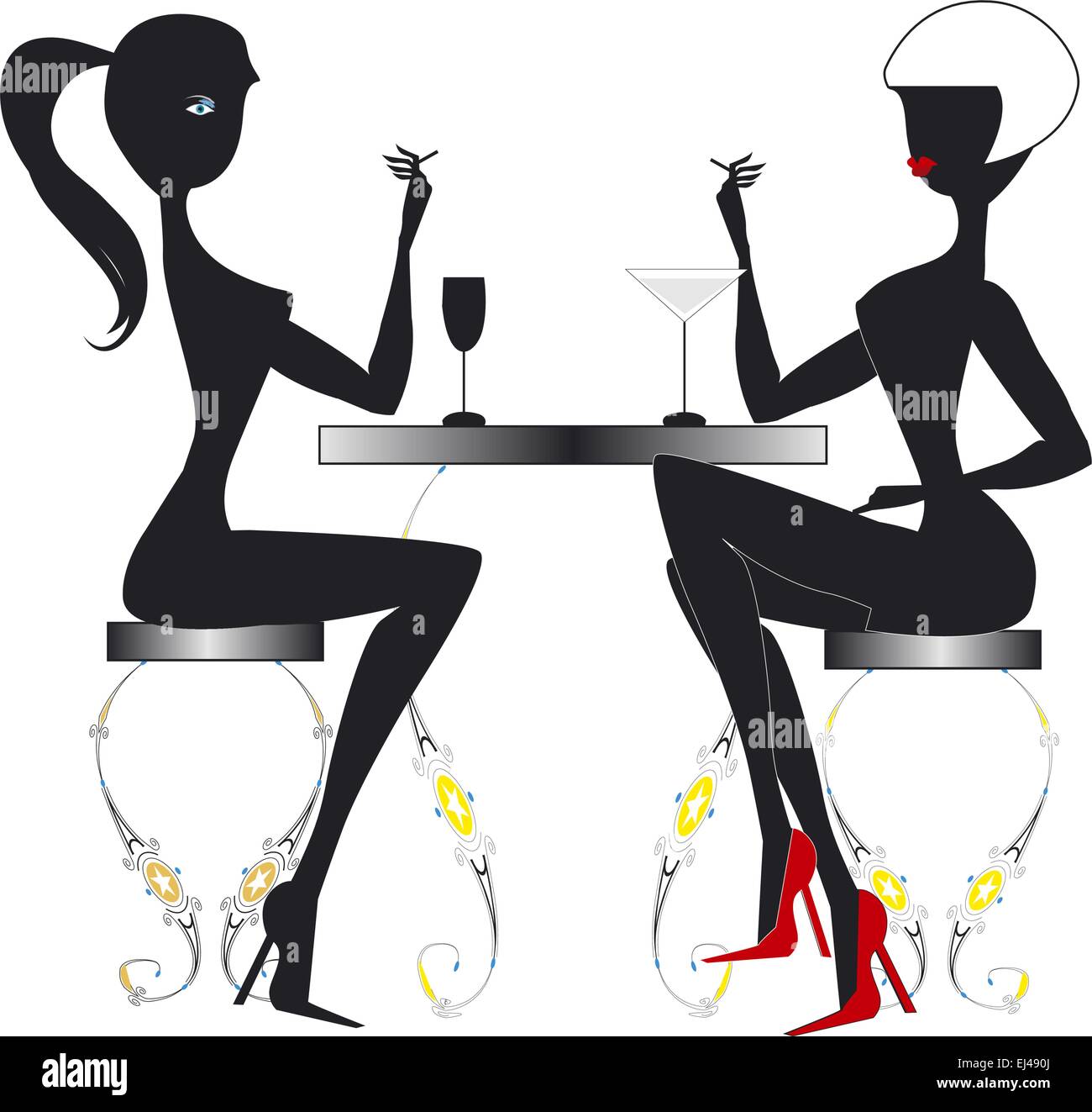 Zwei junge Frauen im Chat sitzen an einem Tisch in einem barocken bar, rauchen Zigaretten und trinken frische cocktails Stock Vektor
