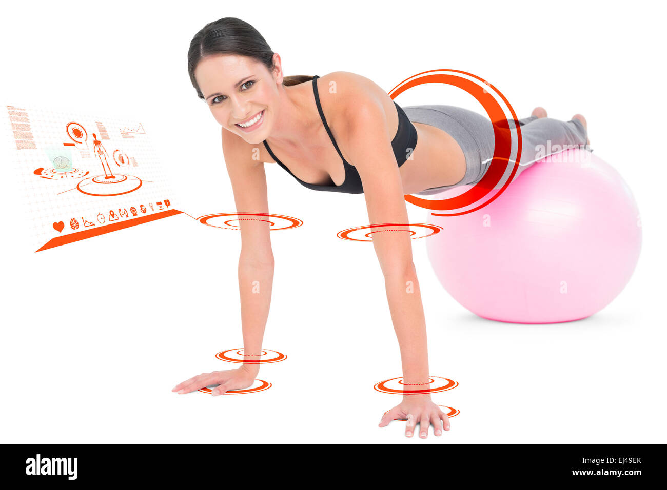 Zusammengesetztes Bild Fit Frau tun Push ups auf Fitness-Ball Stockfoto