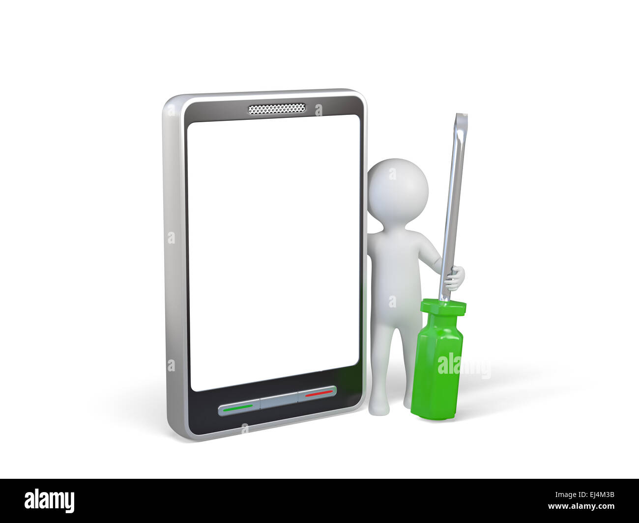 3D Renderer Bild. Weiße Leute mit Schraubendreher neben dem Smartphone. Isolierten weißen Hintergrund. Smartphone Reparatur-Konzept Stockfoto