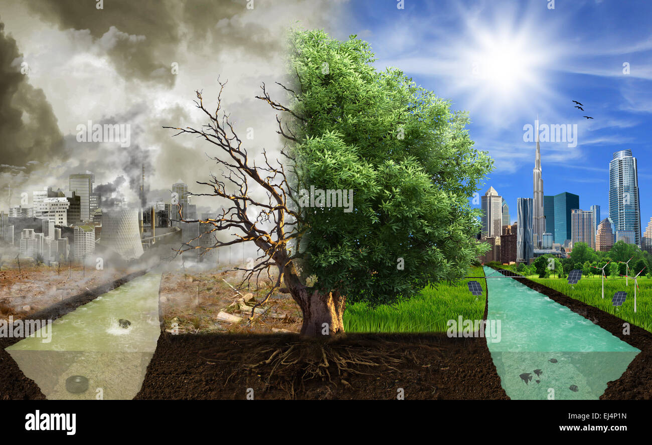 Zwei Optionen / Seiten, Eco-Konzept, Öko-digitale Kunst Stockfoto