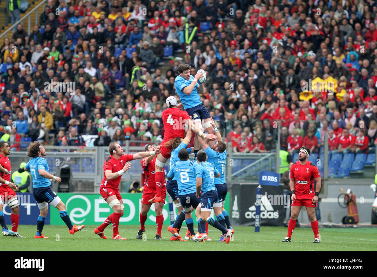 Rom, Italien. 21. März 2015. Touche springen George Biagi (Italien) für den Ball während der Six Nations entsprechen internationalen Rugby Union zwischen Italien und Wales am 21. März 2015 im Olympiastadion in Rom. Bildnachweis: Andrea Spinelli/Alamy Live-Nachrichten Stockfoto