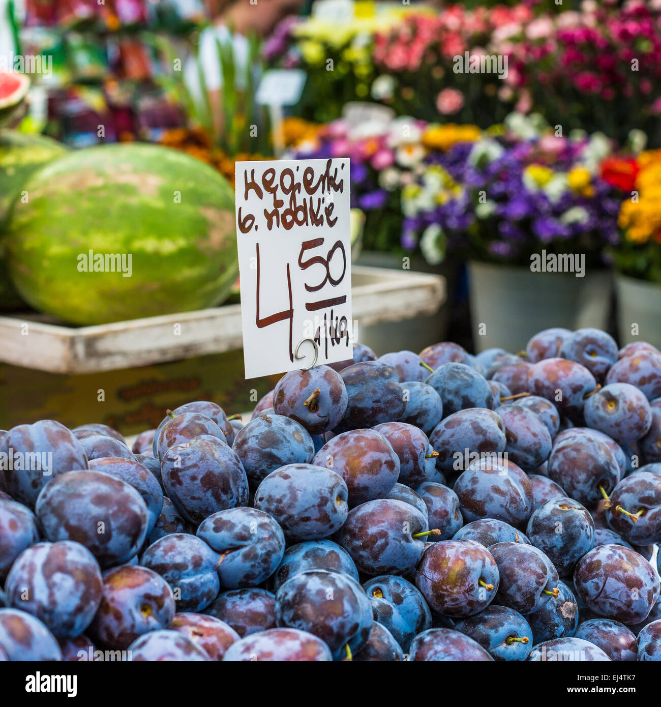 Pflaumen auf dem Markt stehen in Polen. Stockfoto