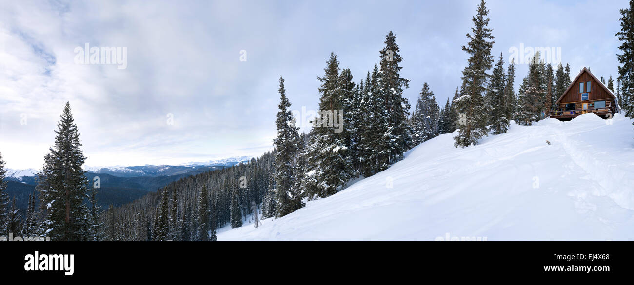 Margy's Hütte, umgeben von Wald und Schnee, 10. Gebirgsdivision Hütte, Aspen, Colorado Stockfoto