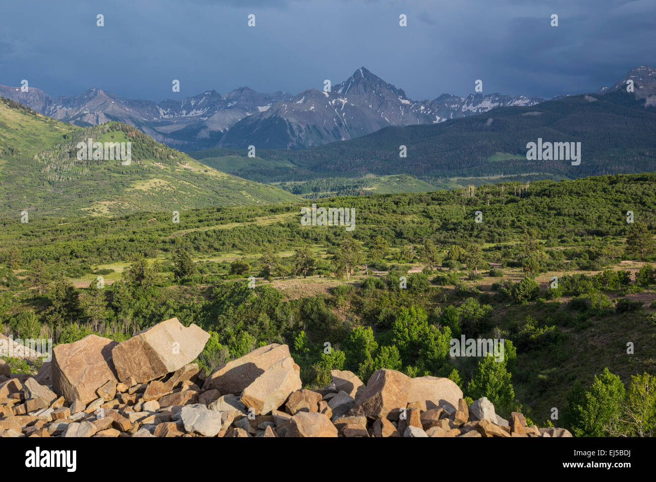 San Juan Mountains und Gewitterwolken Dallas teilen, Route 62, Ridgway / Telluride, Colorado, USA Stockfoto