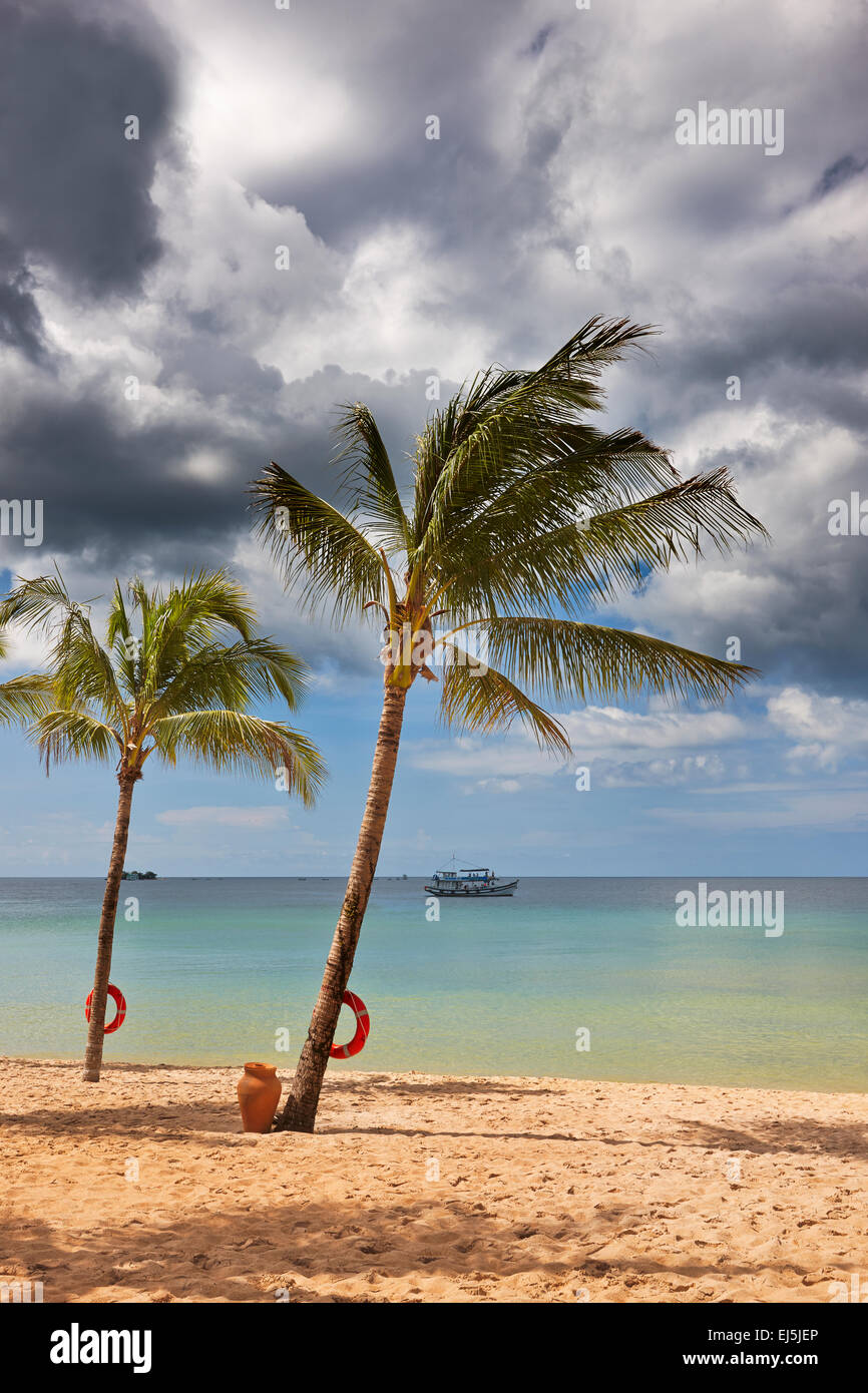 Palmen wachsen auf dem Strand bei Vinpearl Resort, Insel Phu Quoc, Provinz Kien Giang, Vietnam. Stockfoto