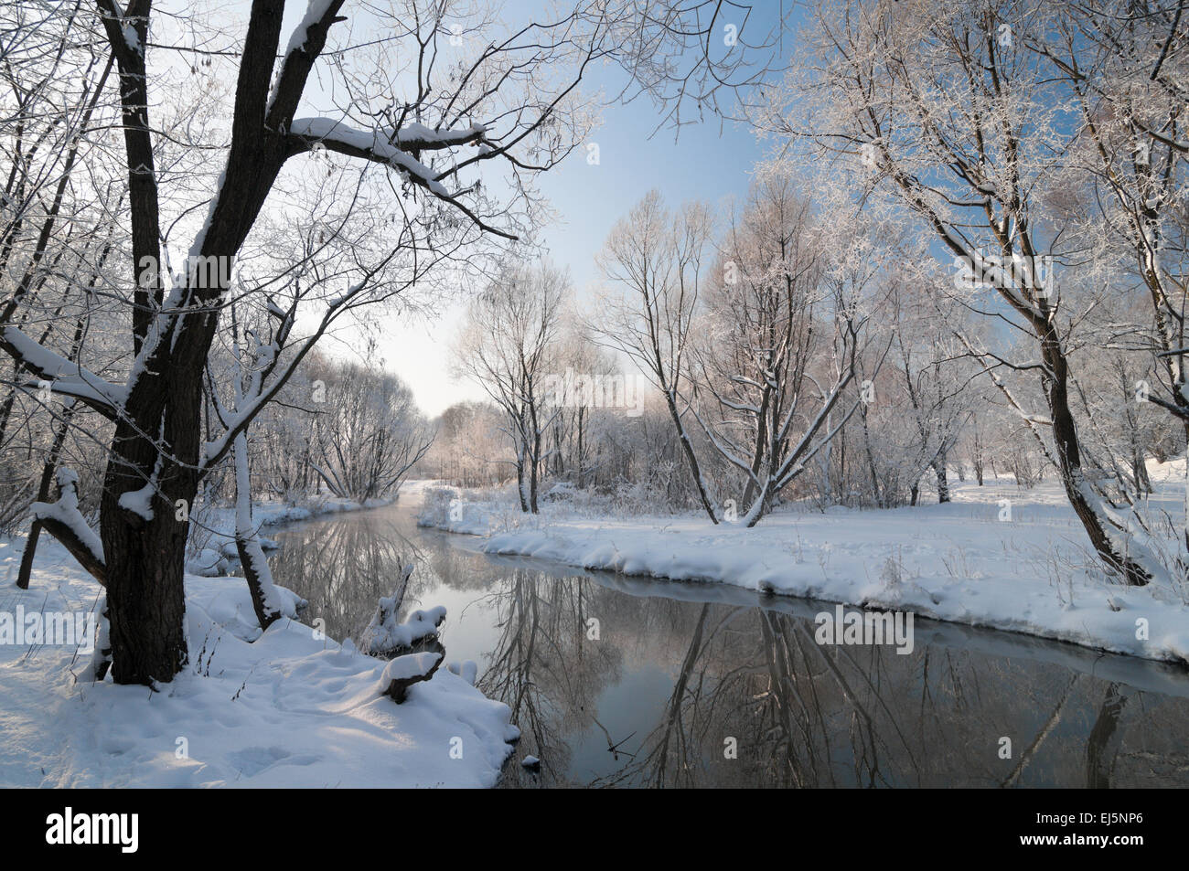 Dieses Bild zeigt Morgen Winterlandschaft am Fluss Stockfoto