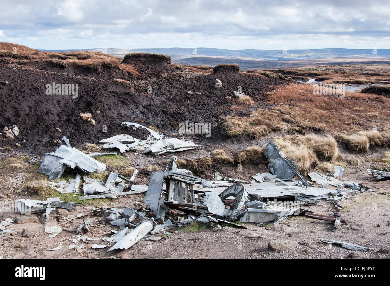 Das Wrack des amerikanischen B29 "Over Exposed" am Bleaklow oben Glossop in Derbyshire stürzte. Stockfoto