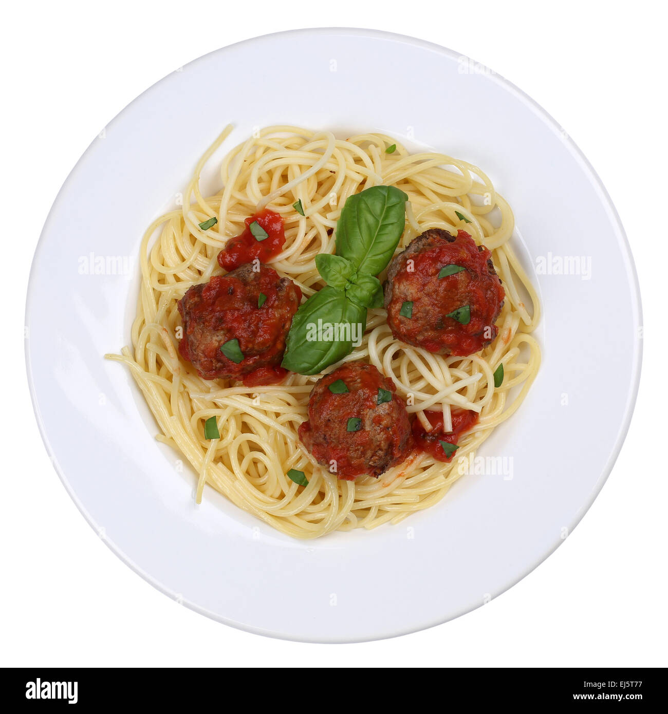 Spaghetti mit Fleischbällchen Nudeln Nudeln Essen auf einem Teller isoliert Stockfoto