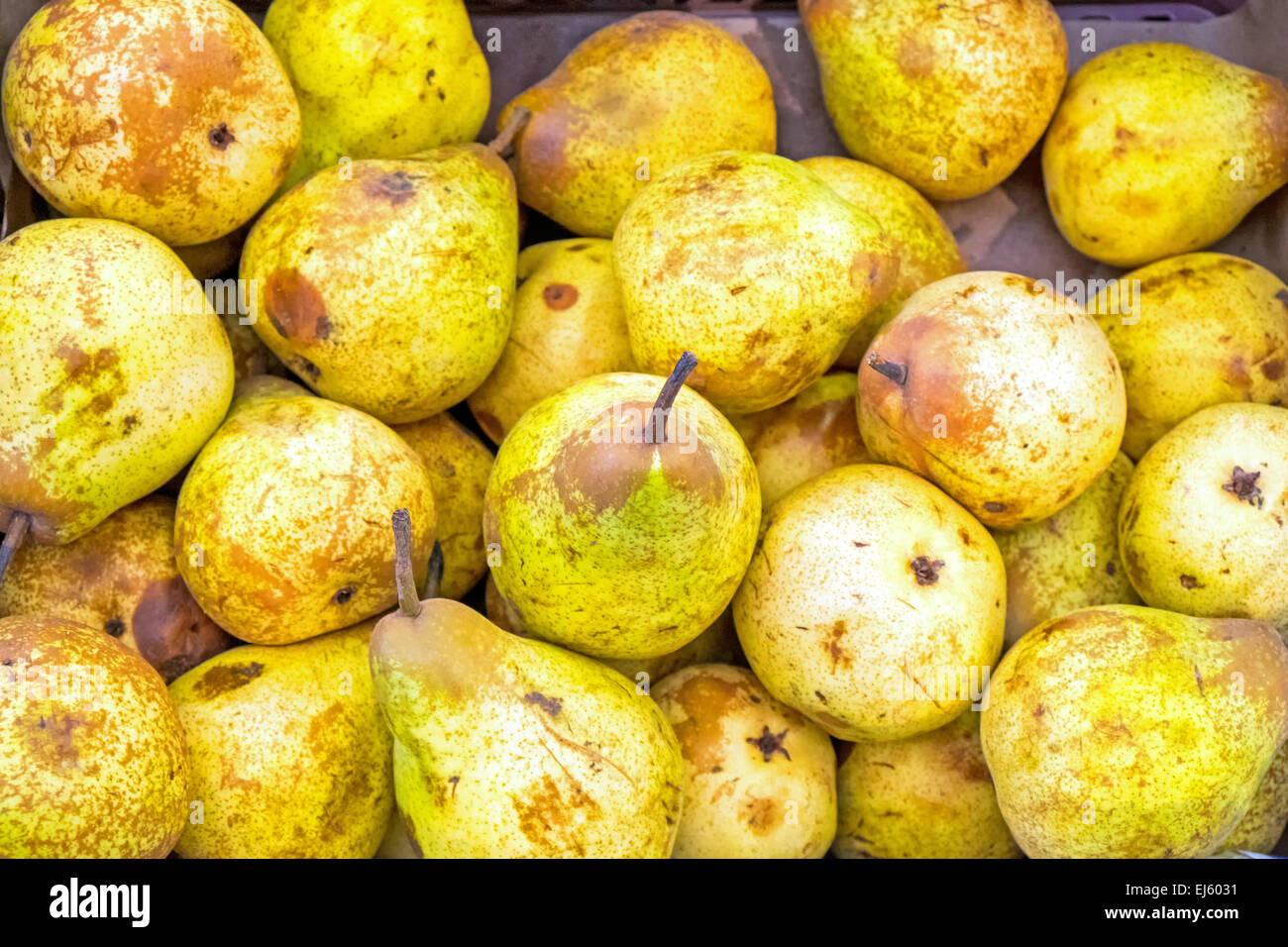 Gelbe reife Birnen zum Verkauf auf dem Markt Stockfoto