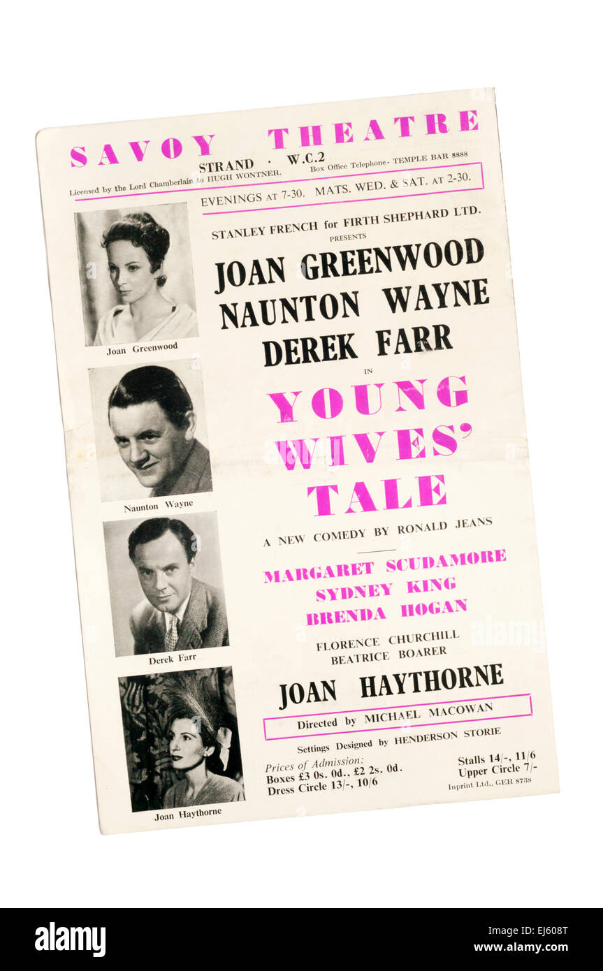 Das rückseitige Cover des Programms für Young Wives' Tale von Ronald Jeans am Savoy Theatre. Stockfoto