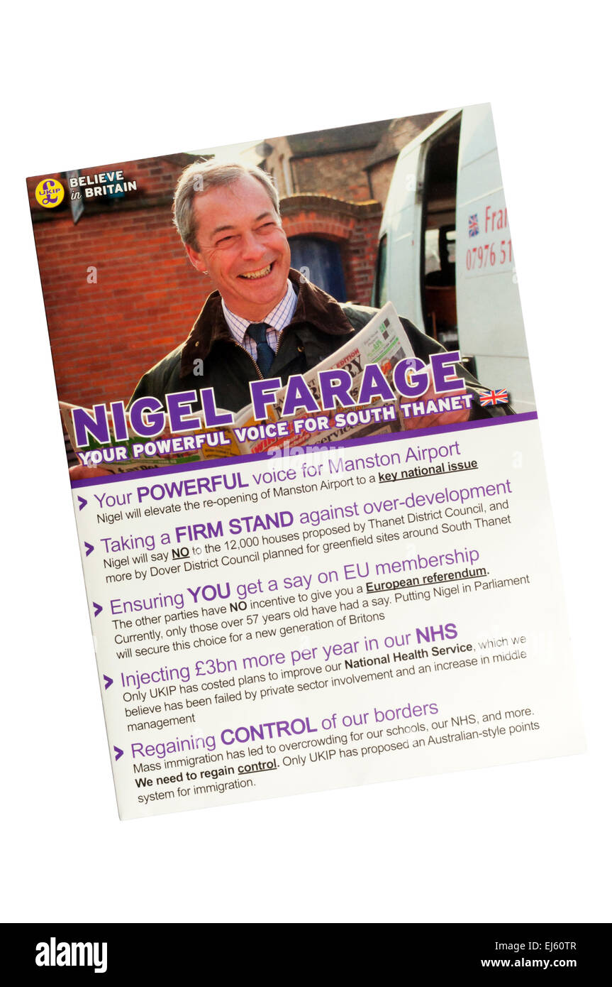 Ein UKIP-Wahl Merkblatt für Nigel Farage im Wahlkreis South Thanet. Stockfoto