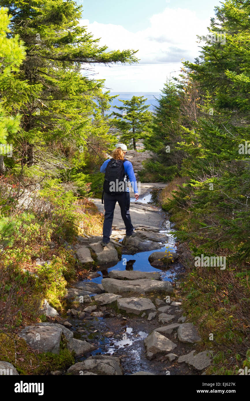 New Hampshire-Mädchen, Frau, weibliche Wanderer unterwegs in den Bergen wandern. Stockfoto