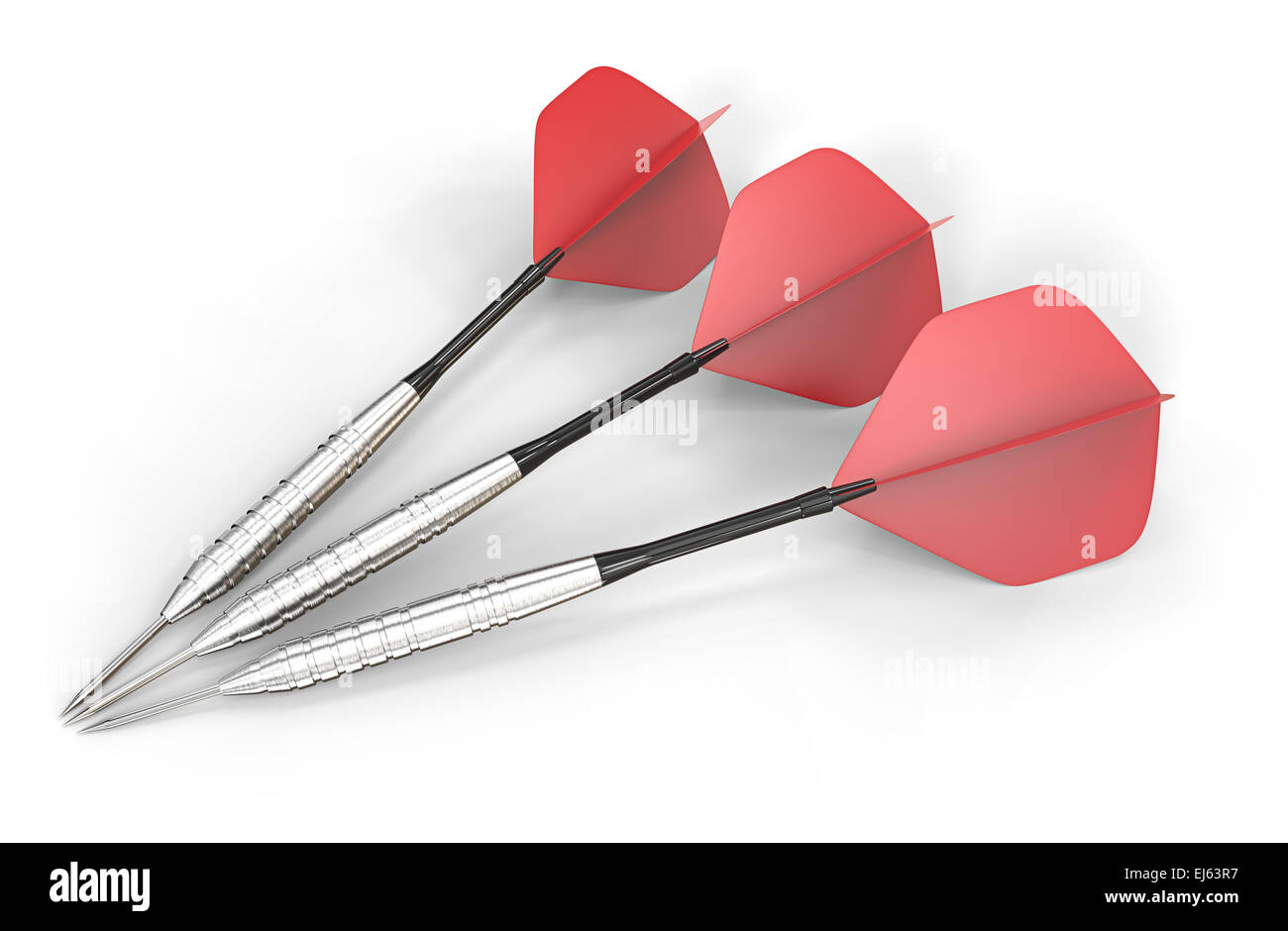 Rote Pfeile. 3 rote Dart-Pfeile aus gebürstetem Stahl auf weißem Grund. Stockfoto