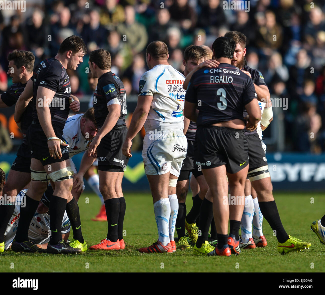 Northampton, UK. 22. März 2015. LV-Cup-Finale. Sarazenen gegen Exeter Chiefs. Juan Figallo (Sarazenen) ist nach einem Umsatz mit der Scrum gratulierte. © Aktion Plus Sport/Alamy Live-Nachrichten Stockfoto