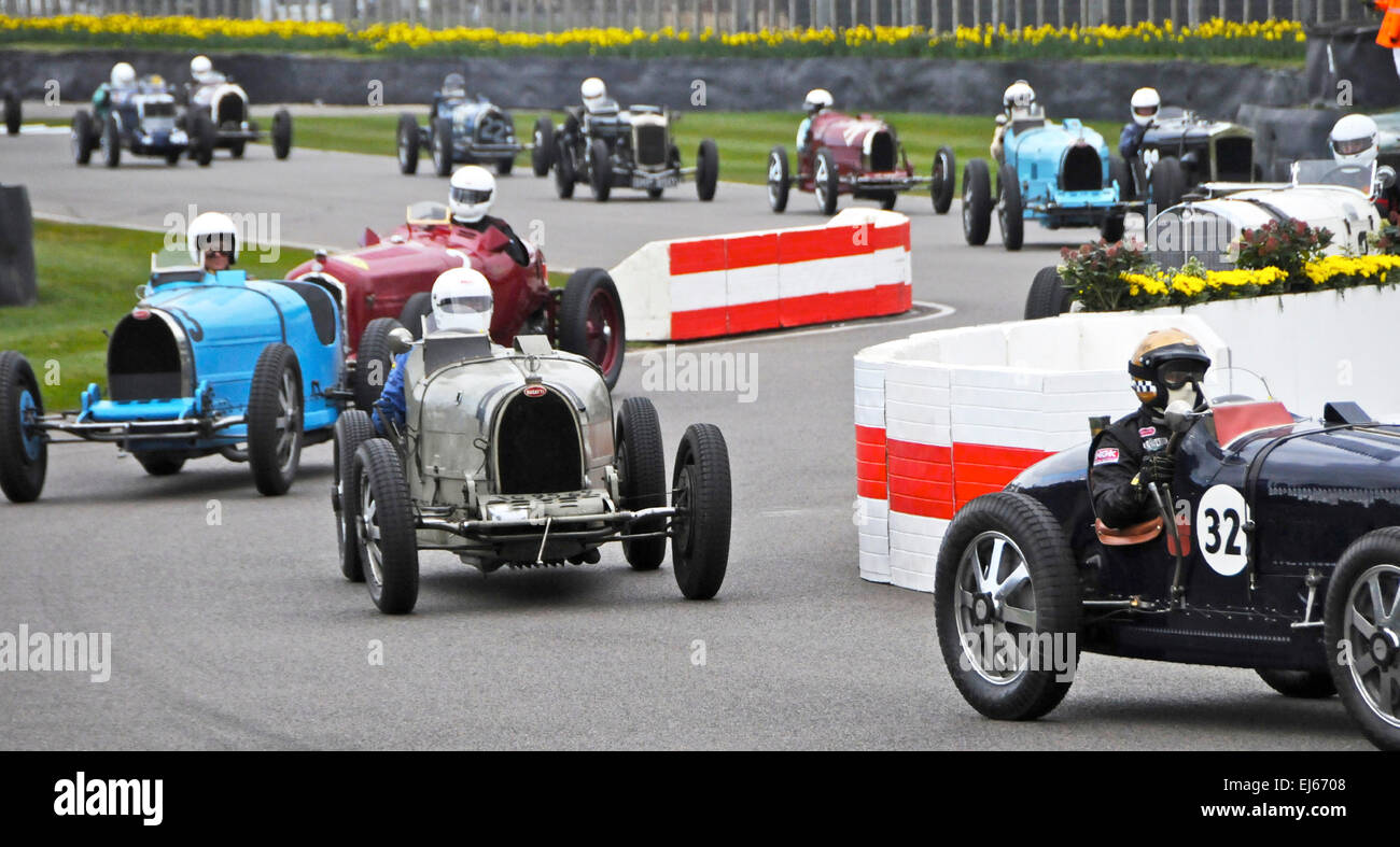 Unter die buchstäblich Millionen von Pfund im Wert von automobilen Legenden gehen durch ihre Schritte in der 73. Goodwood Mitgliederversammlung statt am 21. und 22. März 2015 in Sussex eine schöne Sammlung von Vintage Bugattis waren. Stockfoto