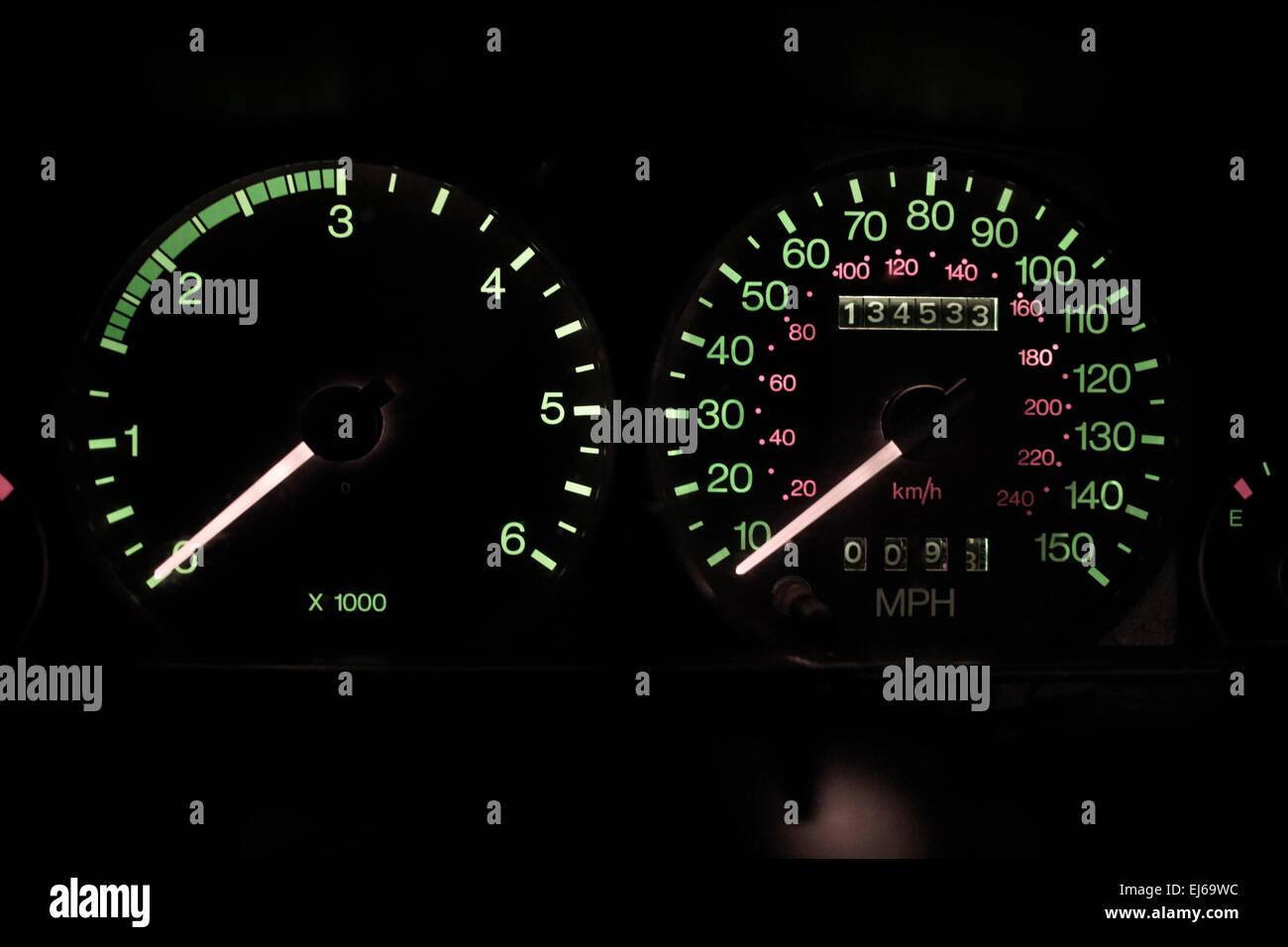 Auto mit hoher Laufleistung alten analogen Tachometer und Drehzahlmesser Zähler in Ruhe Stockfoto