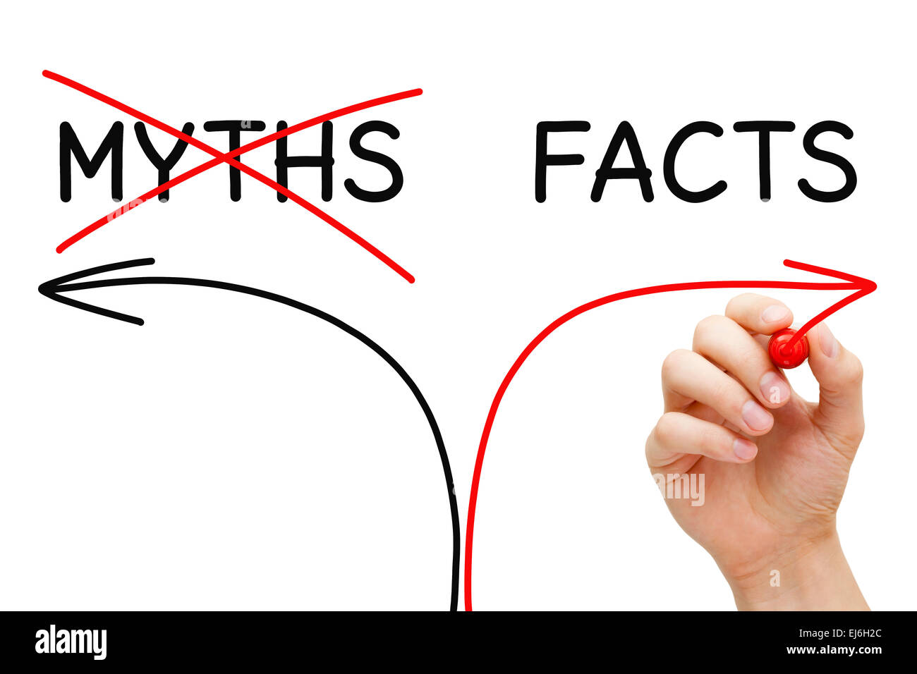 Handzeichnung Mythen und Fakten-Pfeile-Konzept mit Filzstift auf transparente wischen. Stockfoto