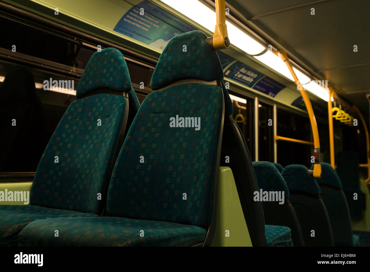 Bus, Sitze, leere, Nacht, Licht, auf, Stockfoto
