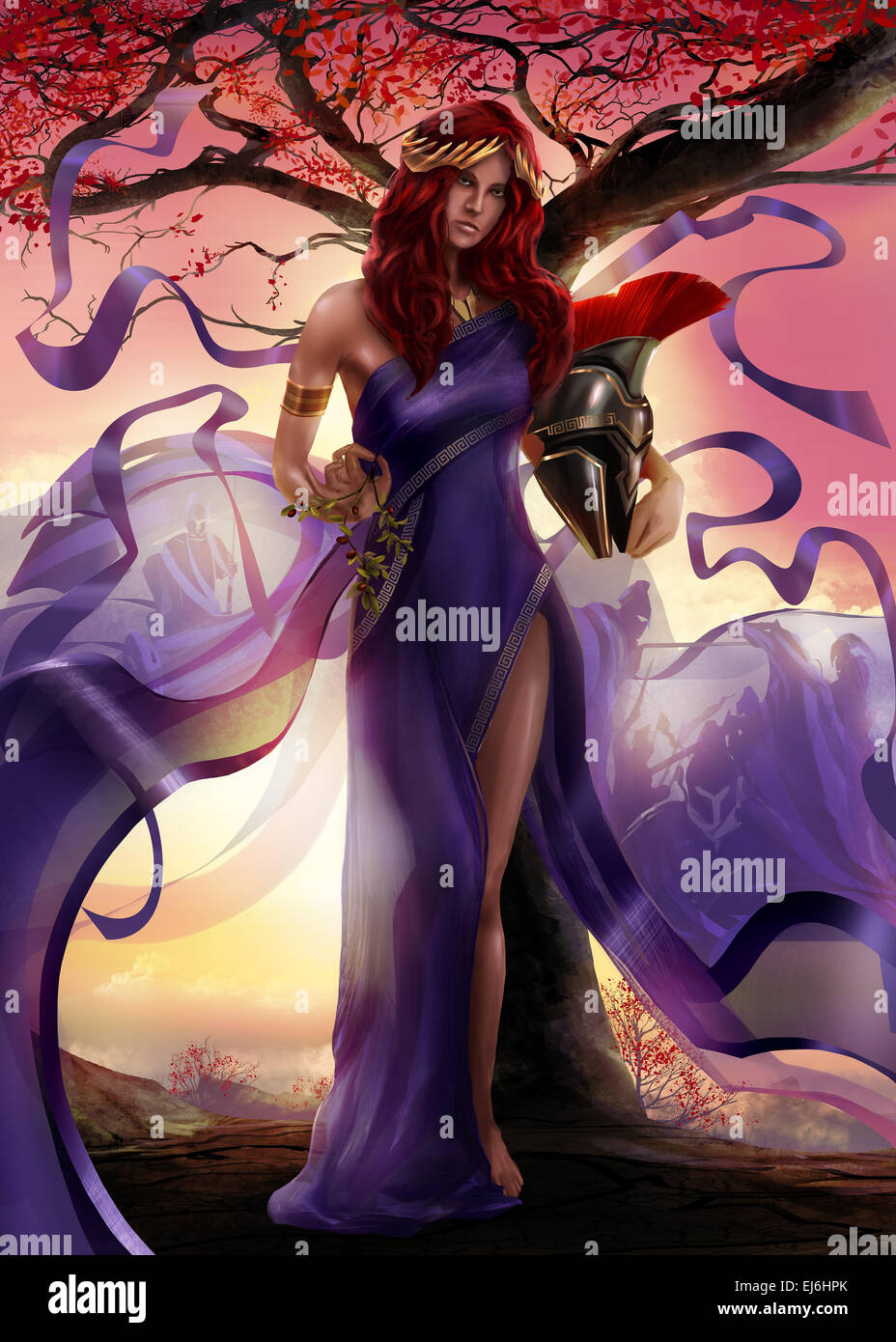 Griechische Göttin Athene stehend mit Spartanischer Krieger goldenen Helm, hält Ölzweig in lila Schleife Kleid. Stockfoto