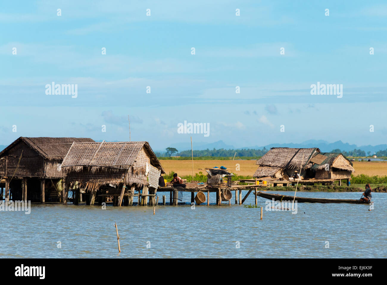 Dorfhäuser am Fluss Ufer des Kaladan zwischen Sittwe und Mrauk-U, Rakhine State in Myanmar Stockfoto