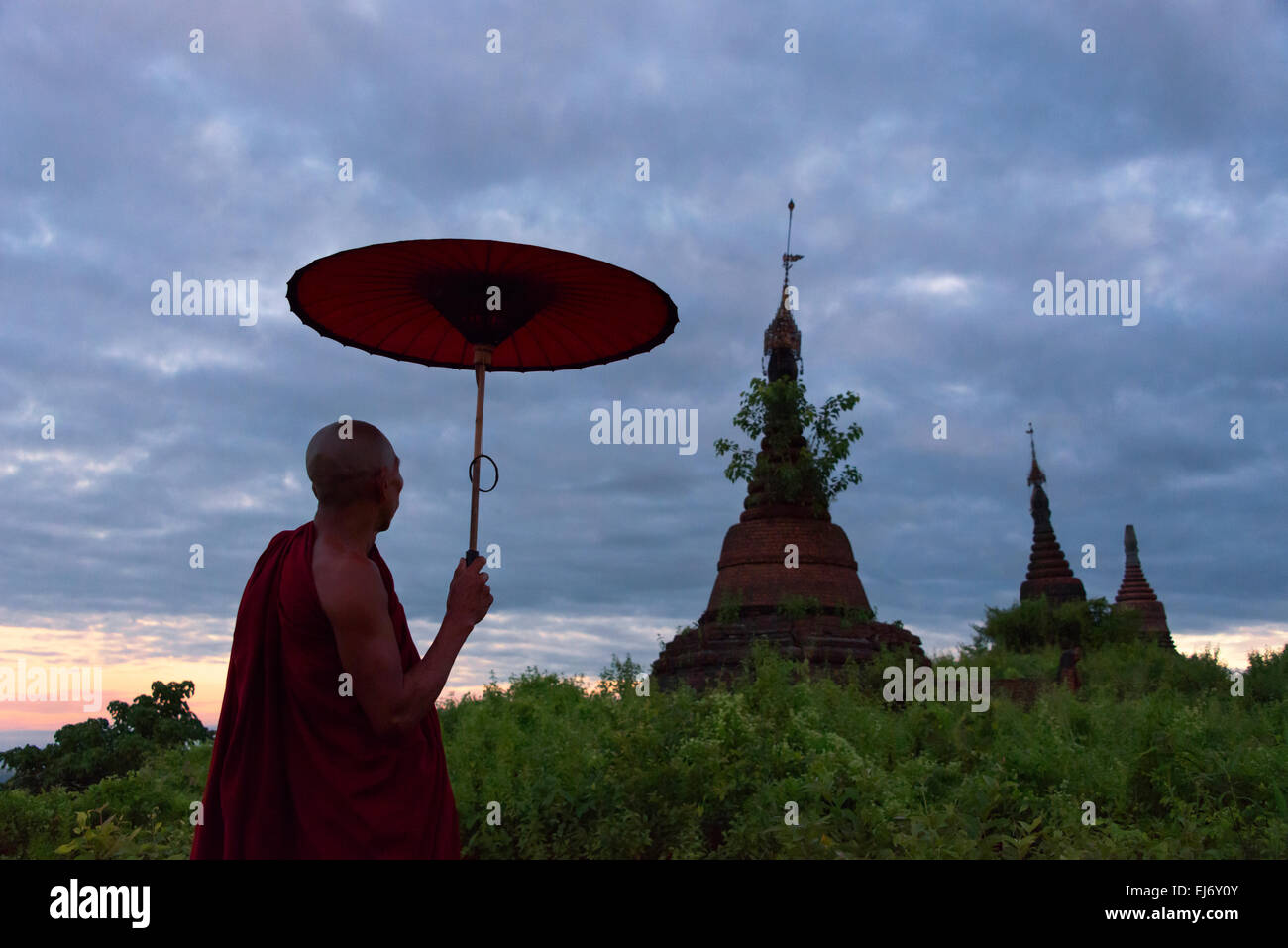 Mönch mit Regenschirm beobachten antiken Tempel und Pagoden im Dschungel bei Sonnenaufgang, Mrauk-U, Rakhine State in Myanmar Stockfoto