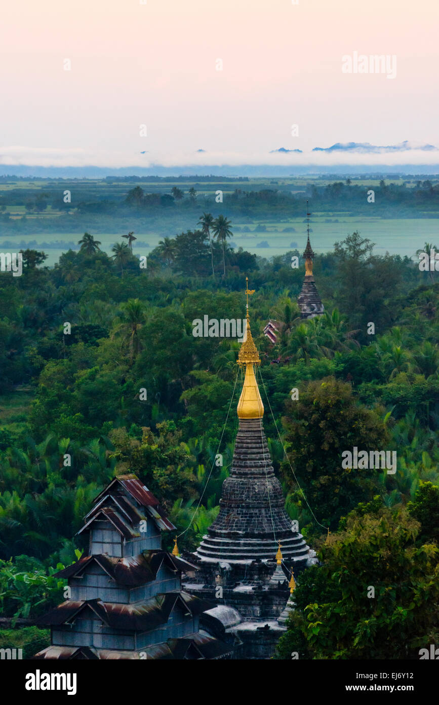 Antike Tempel und Pagoden in den Dschungel bei Sonnenaufgang, Mrauk-U, Rakhine State in Myanmar Stockfoto