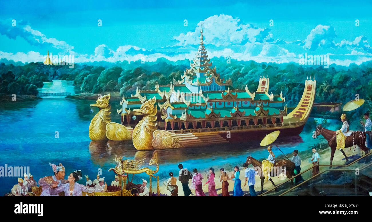 Historische Malerei Karaweik Halle, ein Palast auf Kandawgyi See, jetzt ein schwimmendes Boot-Restaurant, Yangon, Myanmar Stockfoto