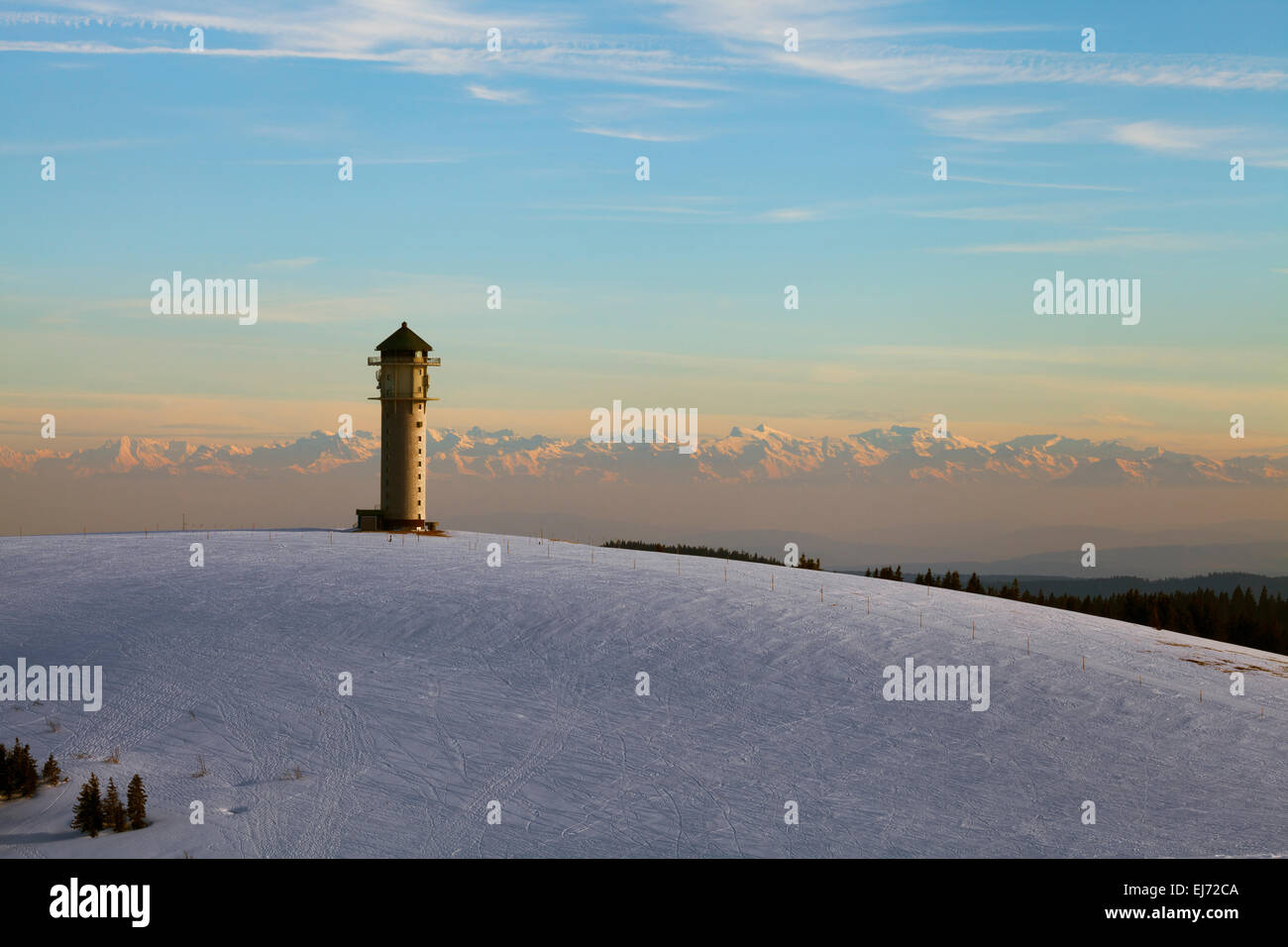 Mt Seebuck mit Feldberg Tower, Blick auf die Schweizer Alpen, Feldberg, Schwarzwald, Baden-Württemberg, Deutschland Stockfoto