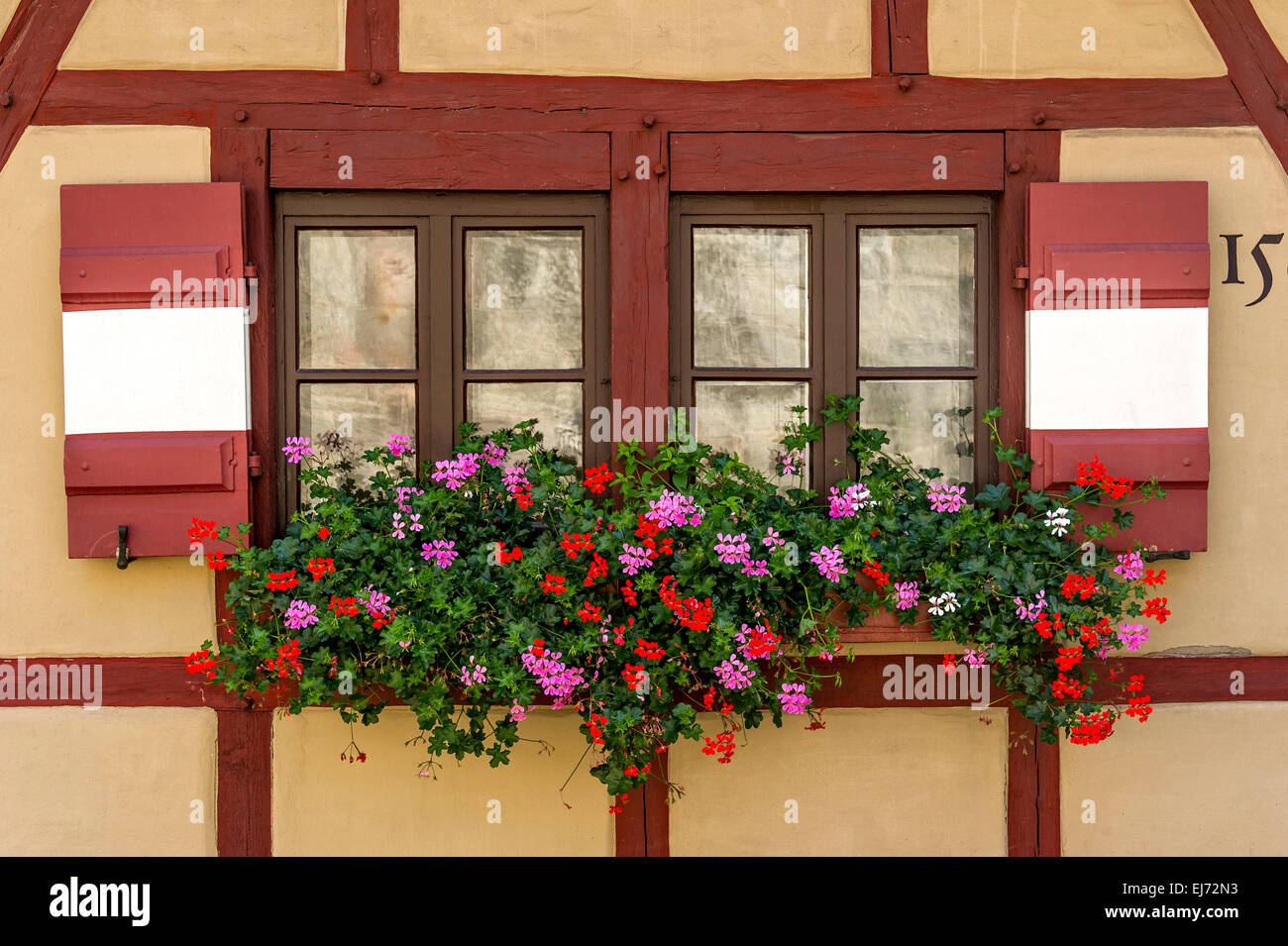 Fenster mit Geranien (Pelargonium SP.) auf das Fachwerkhaus, Secretariat Building, äußeren Burghof, Kaiserburg Stockfoto