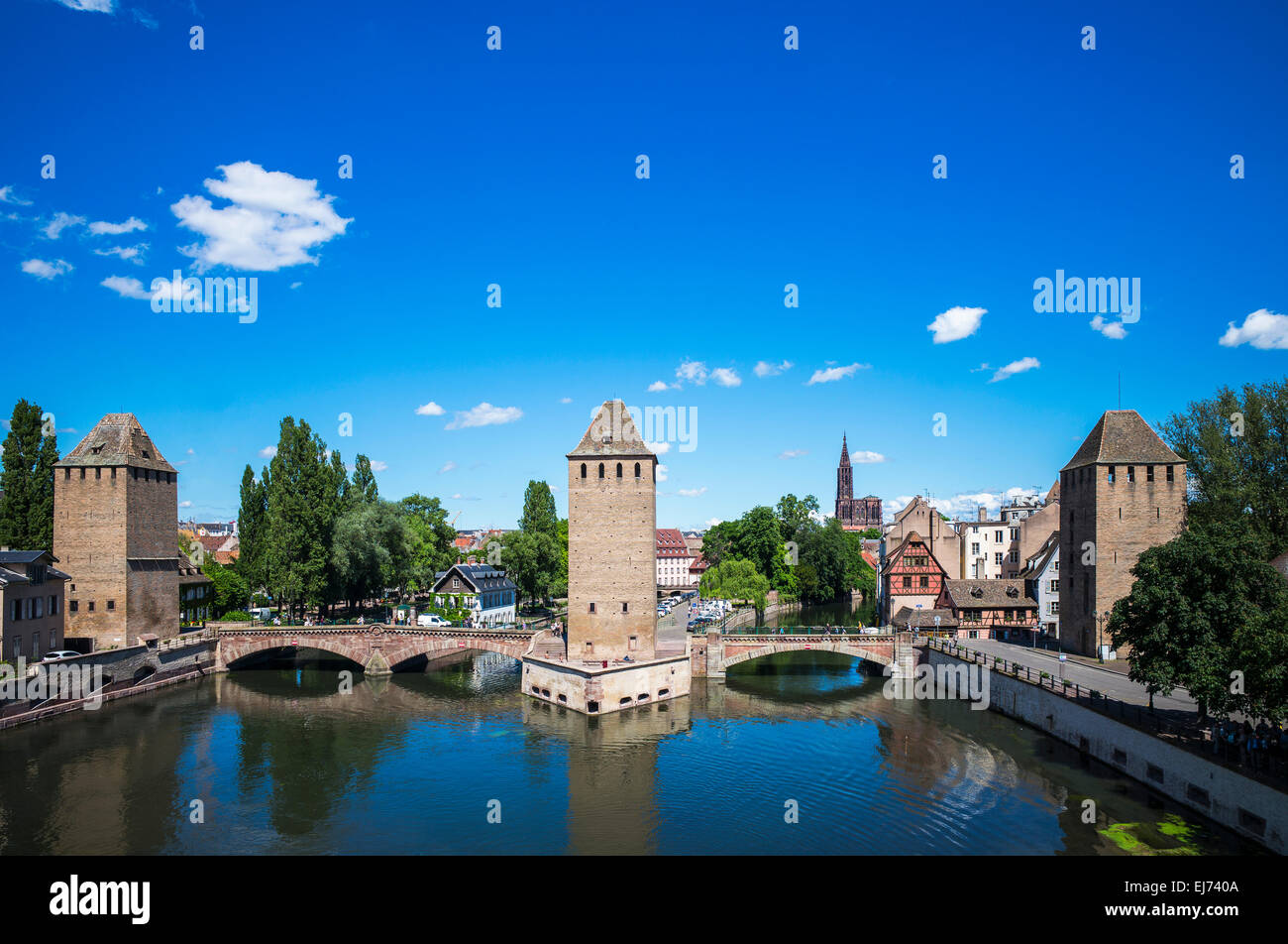 Straßburg Skyline, Ponts Couverts Brücke, überdachten Brücken, Ill, Wachtürmen, Kathedrale, La Petite France, Alsace, Frankreich, Europa, Stockfoto