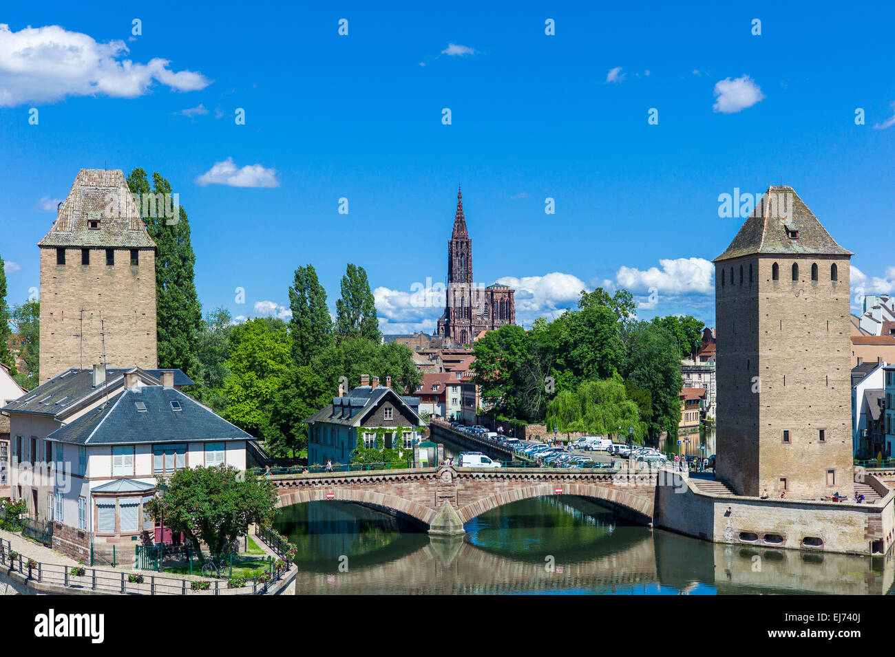 Straßburg Skyline, Ponts Couverts Brücke, überdachten Brücken, Ill, Wachtürmen, Kathedrale, La Petite France, Alsace, Frankreich, Europa, Stockfoto