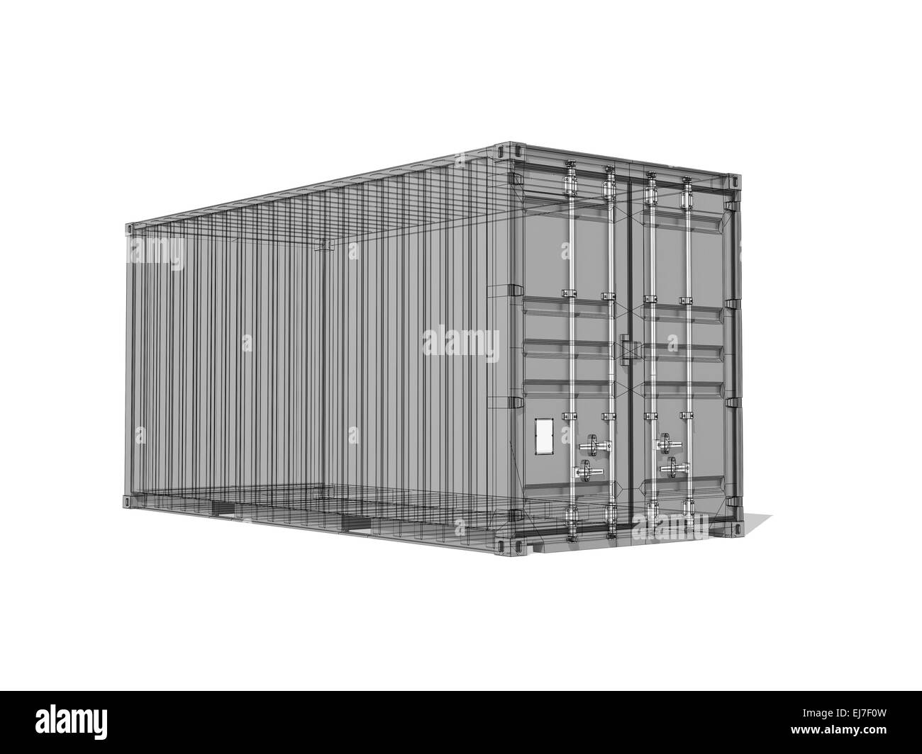 Frachtcontainer, Rendern Monochrom digital 3d mit Drahtgitter-Leitungen isoliert auf weißem Hintergrund Stockfoto