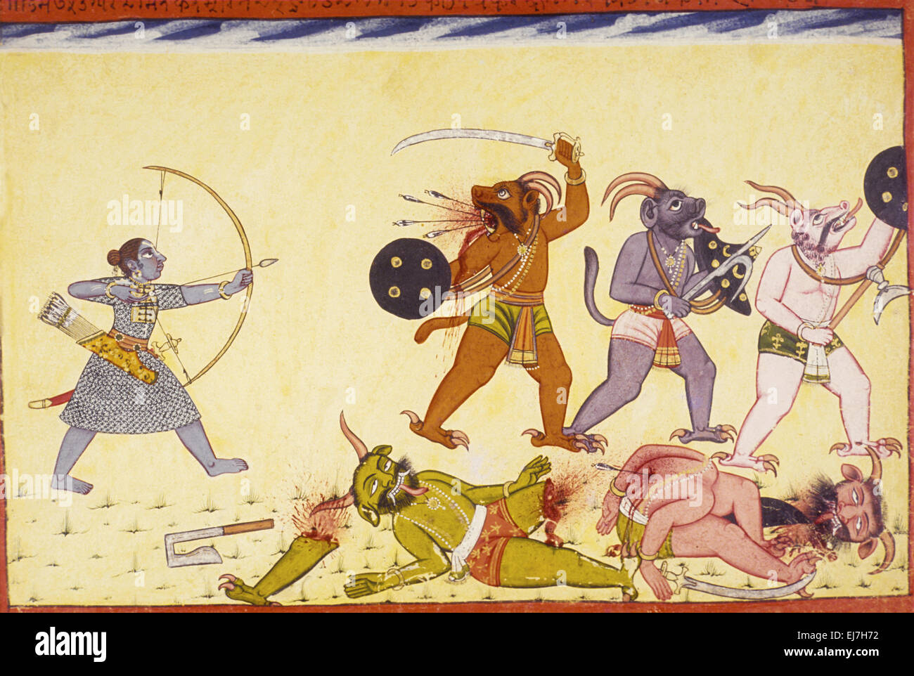 Rama tötet die Dämonenhorde. Ramayana-Szene Malerei, Kangra Schule, ca. 18. Jahrhundert n. Chr., Indien Stockfoto