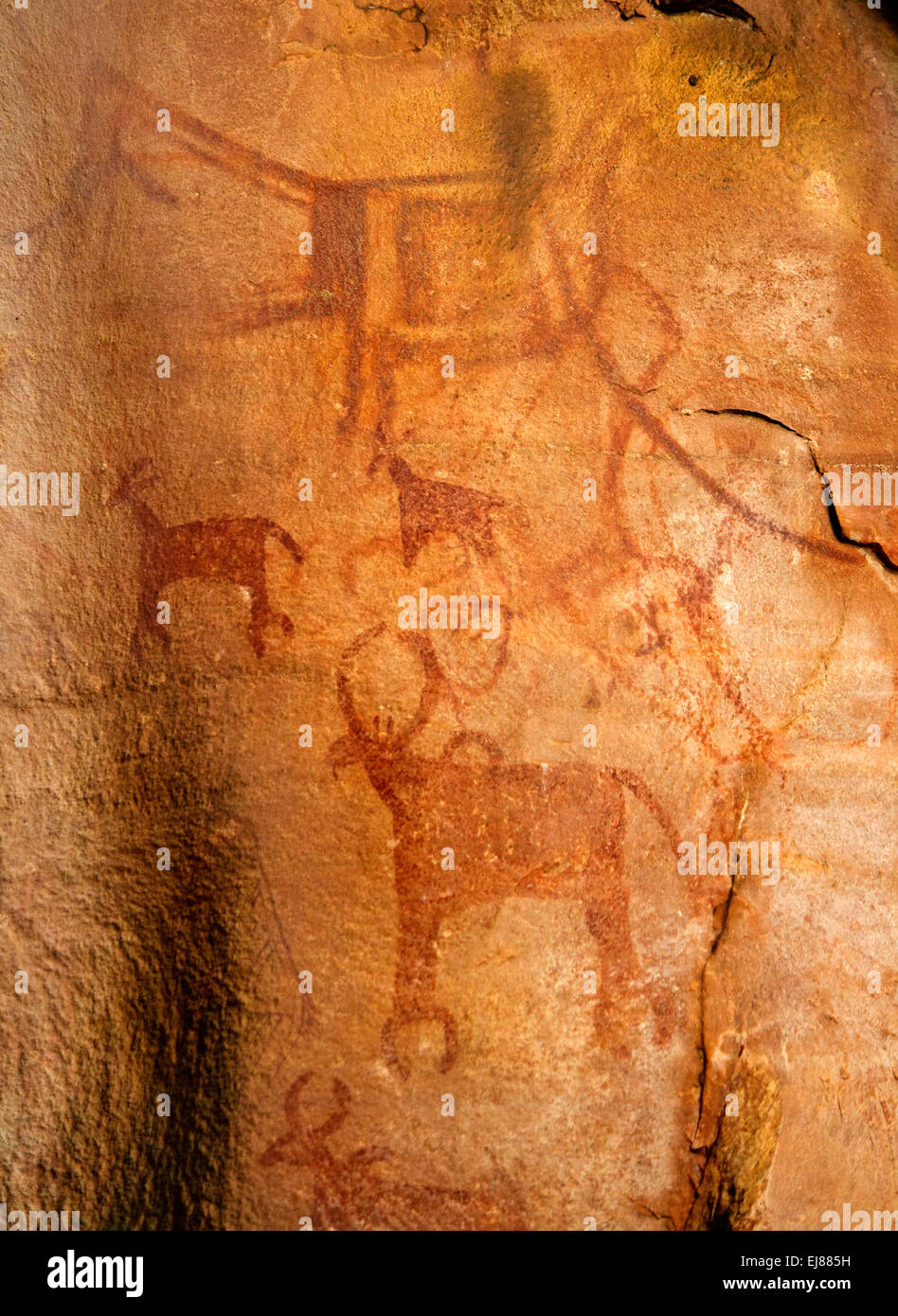 Eines der Gemälde von diesem historischen Ort Bhimbetka. Die Felsunterstände und Höhlen hier haben eine große Anzahl von Gemälden. Stockfoto