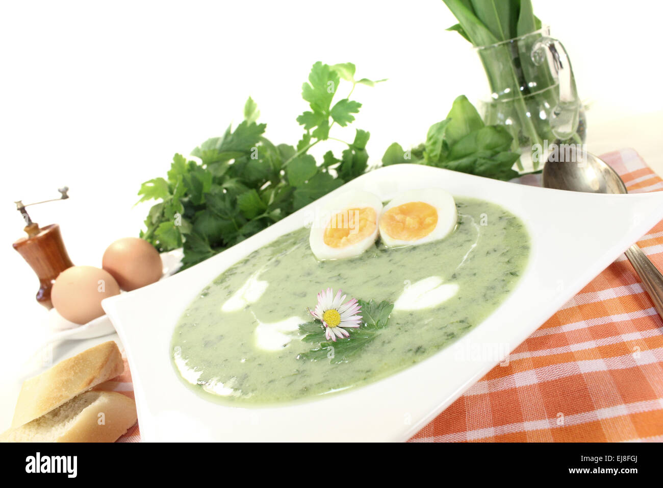 Grüne Kräuter-Suppe mit Eiern Stockfoto