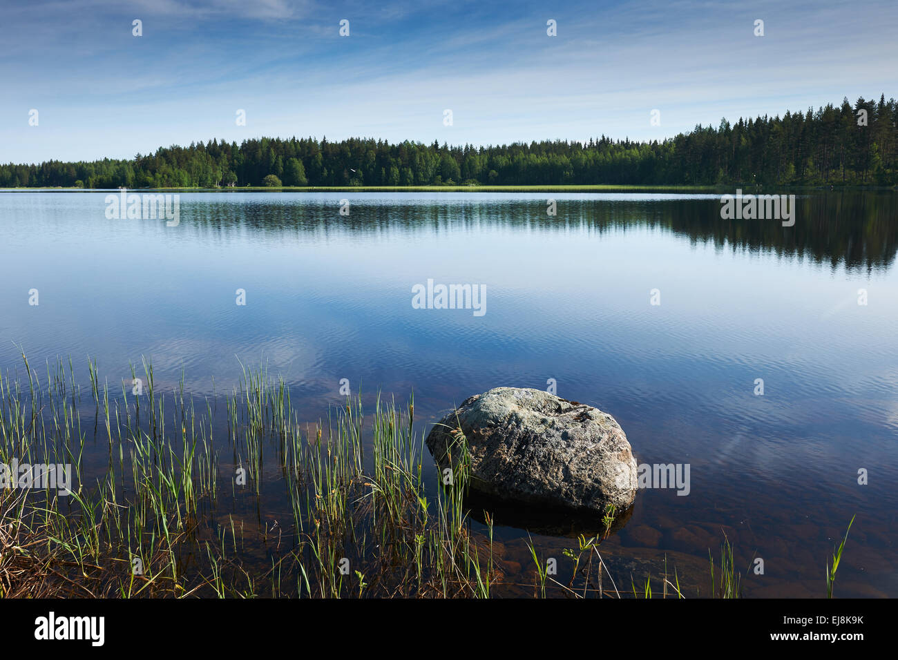 Finnischen See mit Bäumen im Hintergrund und ein großer Stein im Vordergrund Stockfoto