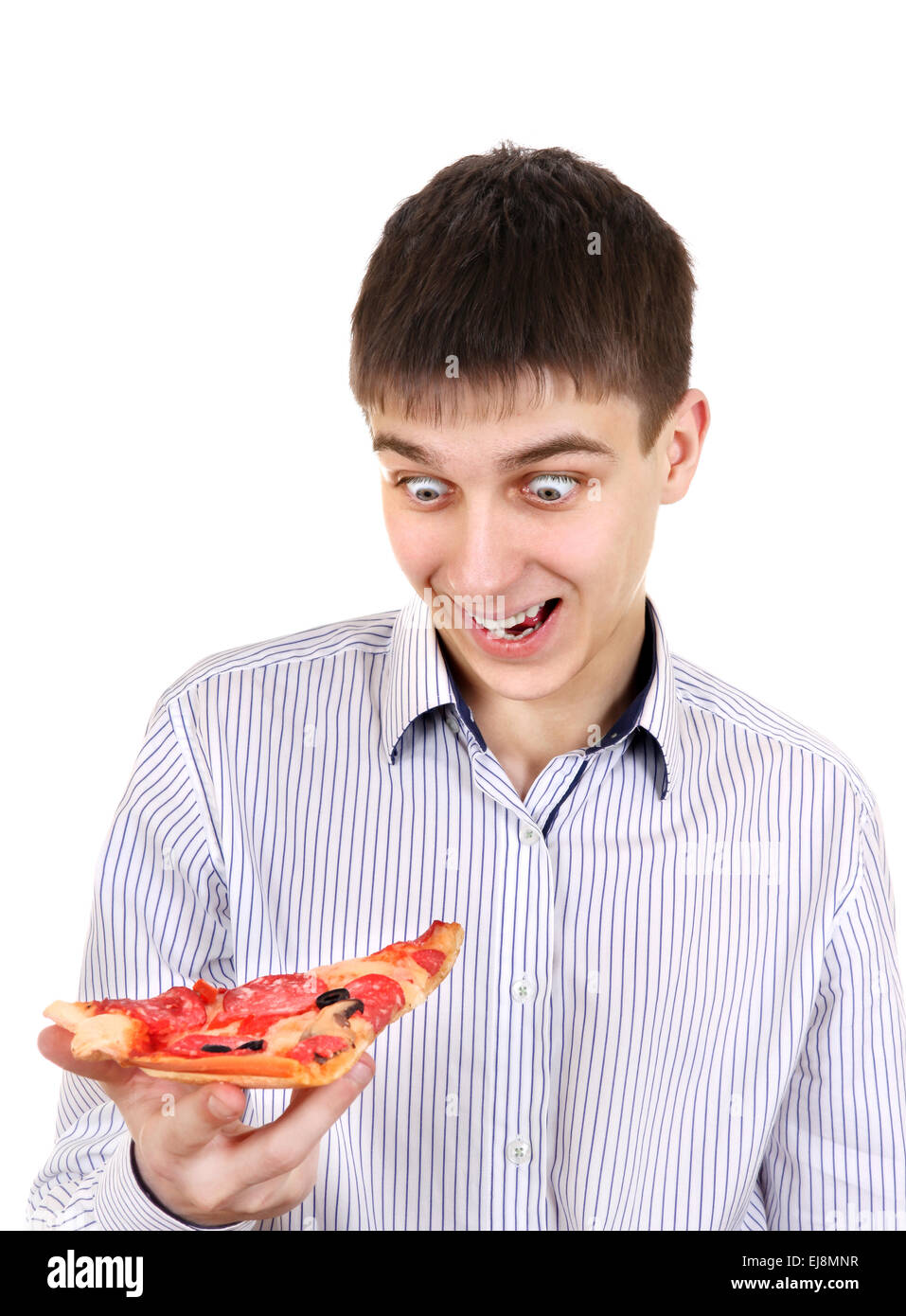 Überrascht Teenager mit Pizza Stockfoto