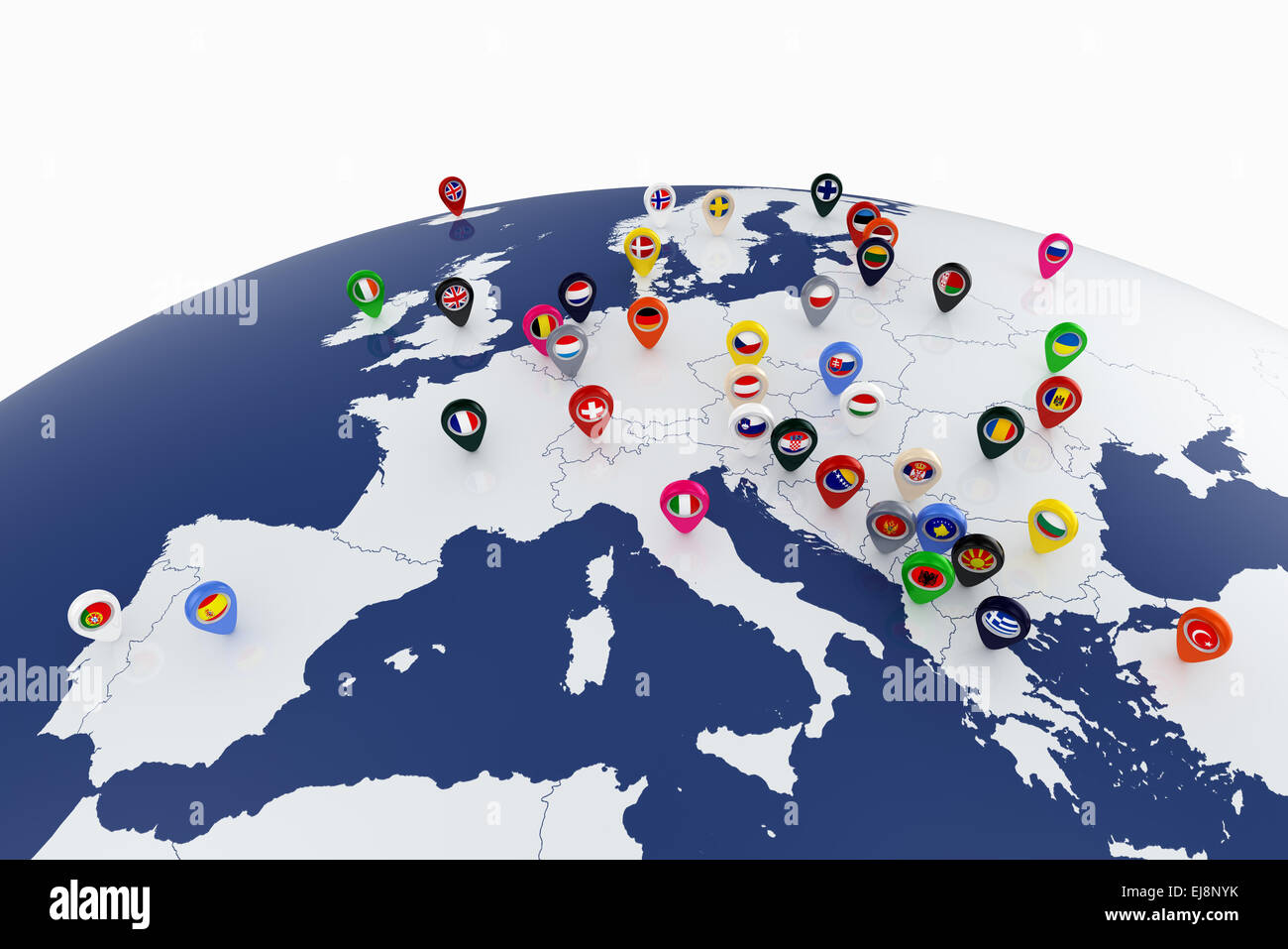 3D Render Europakarte mit Ländern Flaggen Lage Stifte Stockfoto