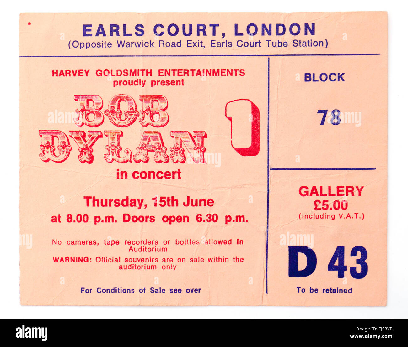 Alte Vintage Konzert oder Konzert Ticket Stub für Bob Dylan im Earls Court 1978 Stockfoto