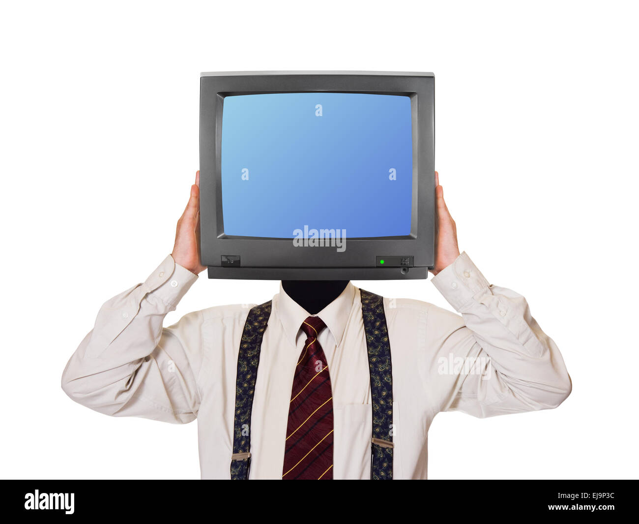Mann mit TV-Bildschirm für Kopf Stockfoto