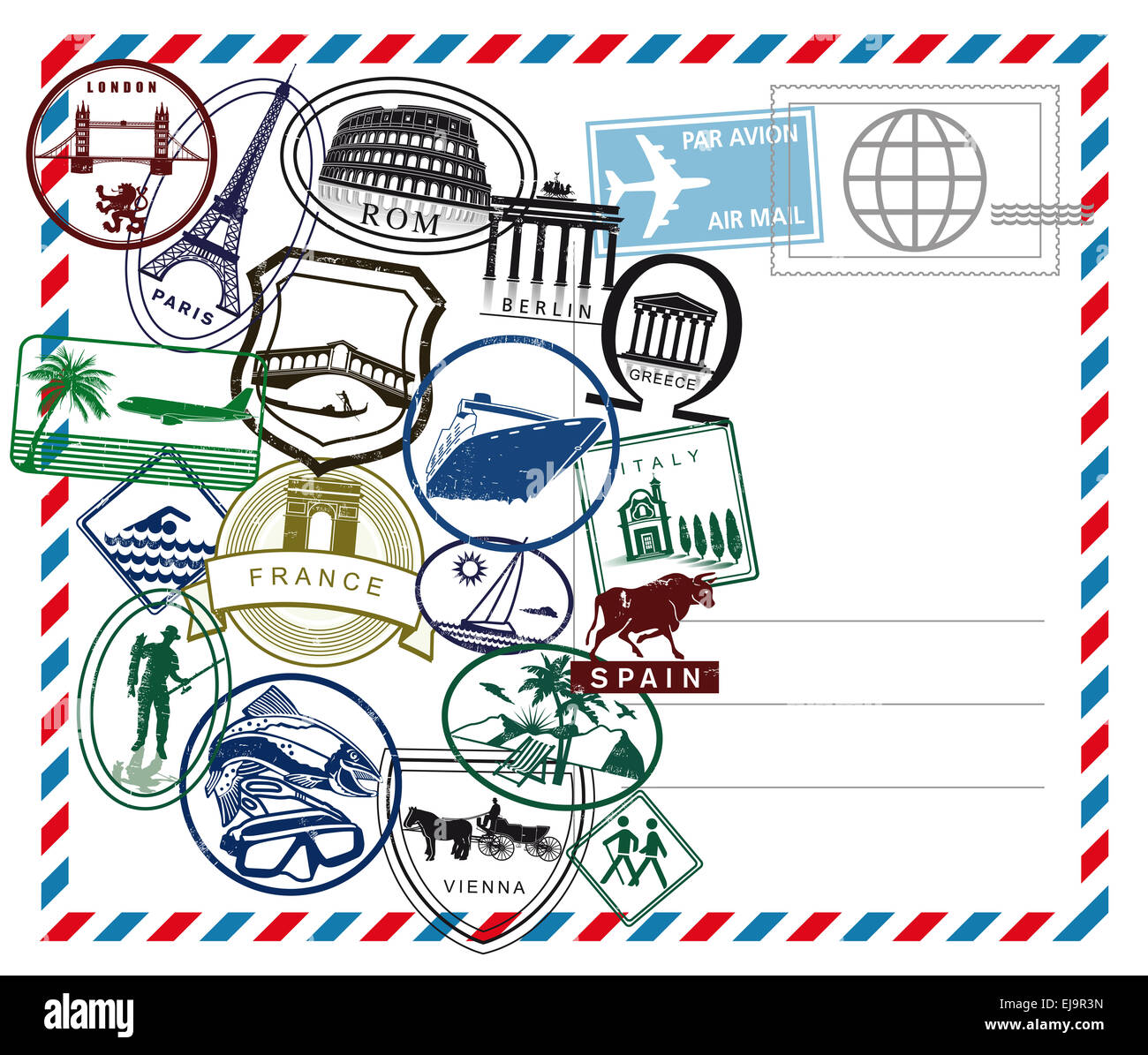 Welt reisen Luftpost Stempel auf weißem Grund Stockfoto