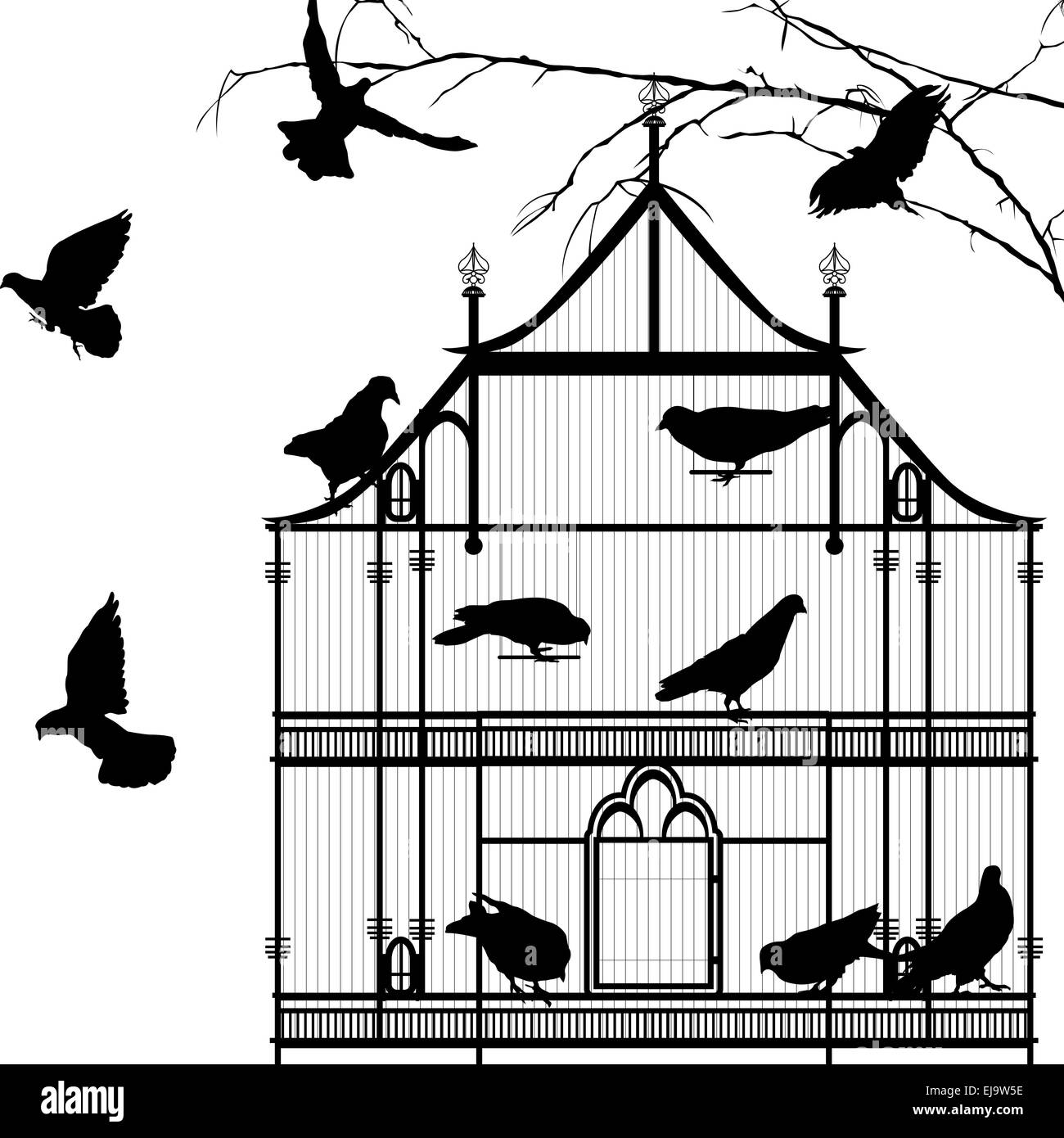 Vögel und Vogelkäfig Grafik Stockfoto