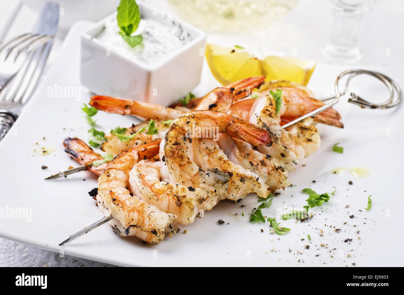 gegrillte Garnelen Spieß Stockfoto