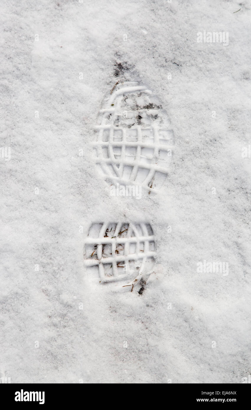 Eindruck eines Schuhs im Schnee Stockfoto