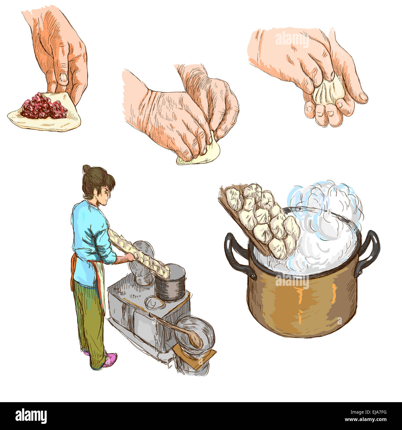 Aus der Serie: Speisen und Getränke - bereiten PASTA - Sammlung von einer Hand gezeichnete und farbigen Illustrationen. Beschreibung: Full-size Stockfoto