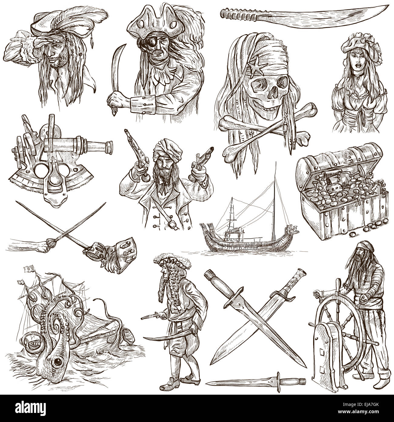 Piraten, Freibeuter und Matrosen - Sammlung (Nr. 4) von einem handgezeichneten Illustrationen. Full Size handgezeichnete Illustrationen zeichnen Stockfoto