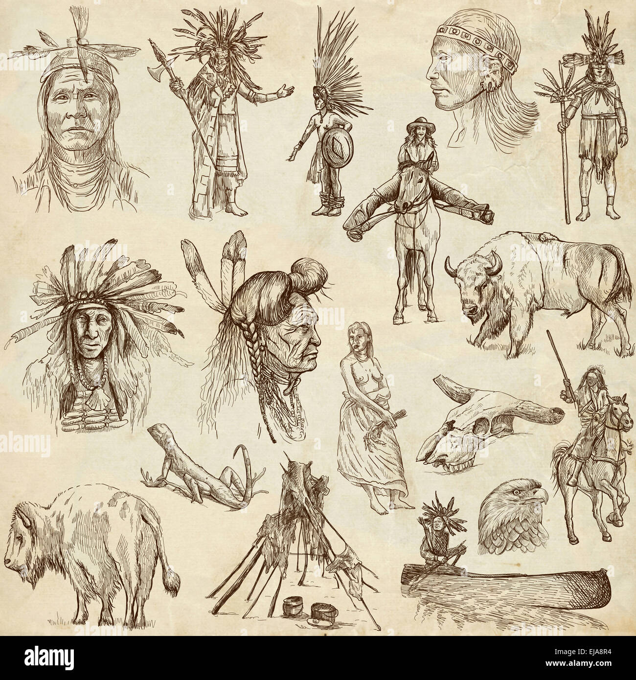 Indianer und WILD WEST - Sammlung eine handgezeichnete Illustrationen. Beschreibung: Full Size handgezeichnete Illustrationen, original fr Stockfoto