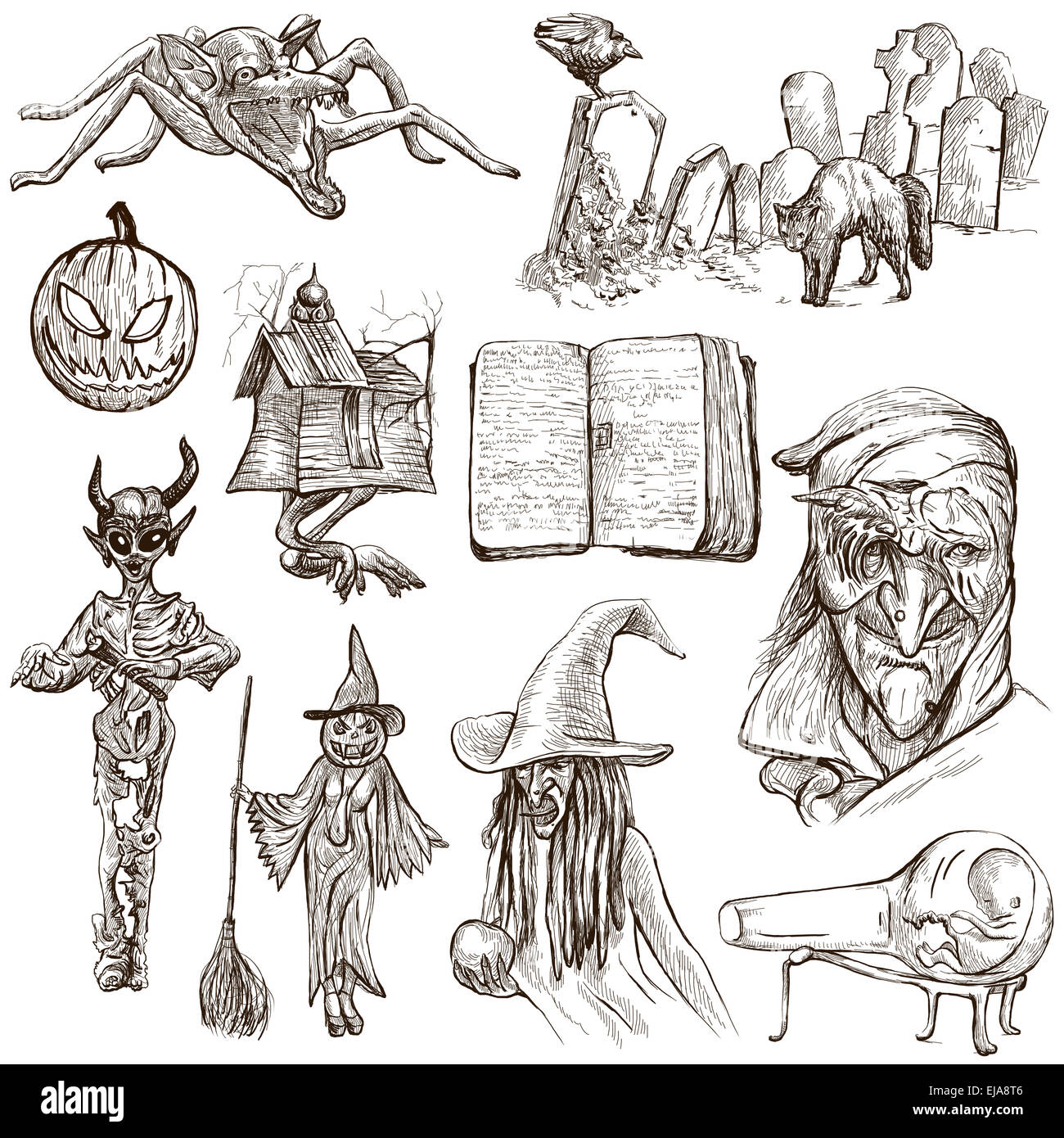 Halloween (Monster, Magie und Märchen) - Sammlung (Nr. 6) von einem handgezeichneten Illustrationen. Volle Größe handgezeichnete illustrati Stockfoto