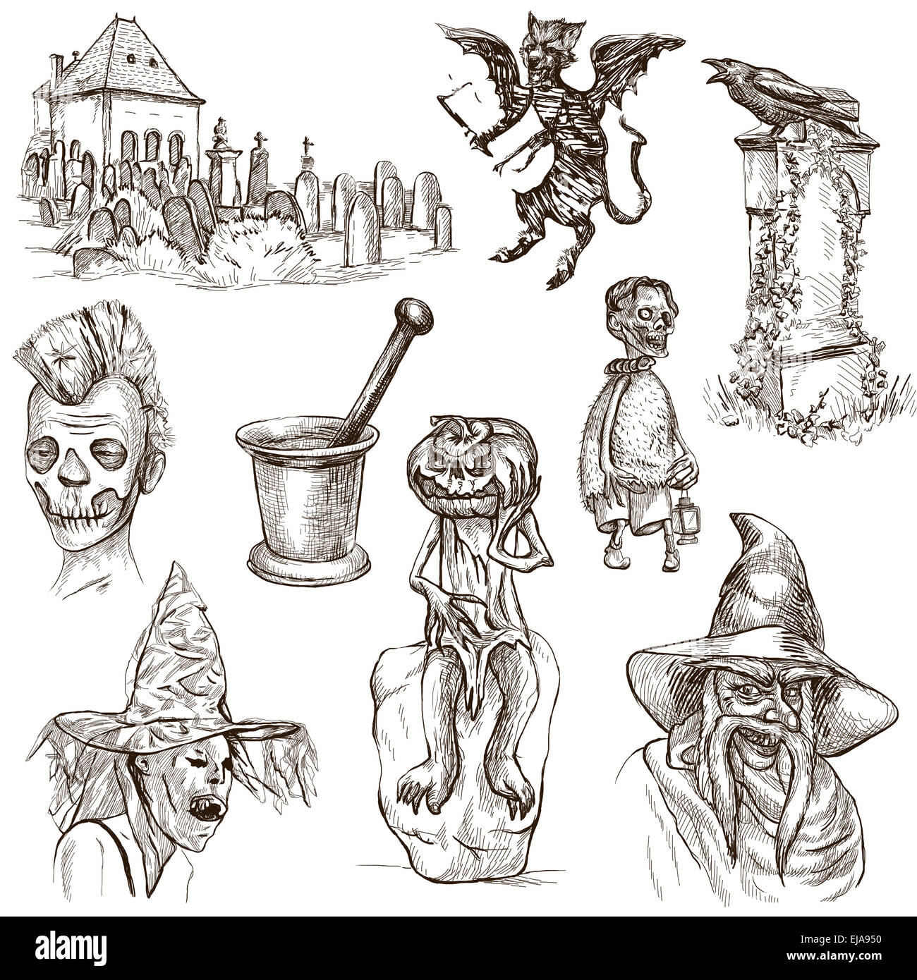 Halloween, Monster, Magie (und Märchen) - Sammlung (Nr. 10) von einem handgezeichneten Illustrationen. Volle Größe handgezeichneten illustra Stockfoto