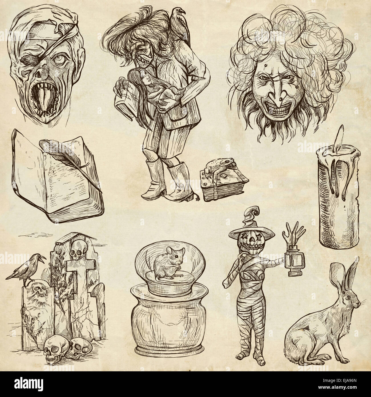 Halloween (Monster, Magie und Märchen) - Sammlung (Nr. 4) von einem handgezeichneten Illustrationen. Volle Größe handgezeichnete illustrati Stockfoto